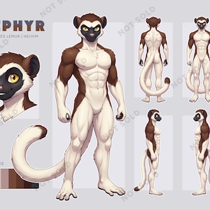 Puede incluir: Una hoja de referencia de personaje para un lémur llamado Zephyr, que incluye un retrato, una vista frontal de cuerpo completo, una vista trasera y dos perfiles laterales. El personaje tiene pelaje marrón y crema, ojos amarillos y cola larga.