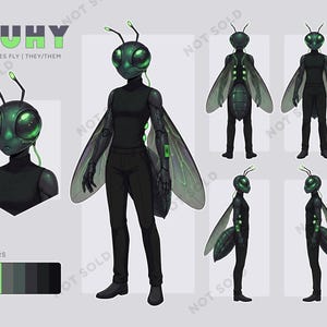 May include: A character reference sheet for a fly-like creature named MUHY. The design features a black-clad figure with a green insectoid head, large glowing eyes, antennae, and translucent wings. Includes front, back, and side views with a color palette.