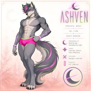 Puede incluir: Una hoja de referencia de personaje digital para una figura antropomórfica de lobo gris llamada Ashven. El personaje tiene pelaje gris oscuro, reflejos rosas en el cabello y viste pantalones cortos rosa brillante con borde verde neón.