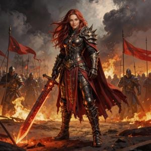Epic fantasy full-body portrait of a powerful red-haired female warrior standing on a battlefield engulfed in fire and smoke. She wears dark ornate armor with red accents, spiked shoulder plates, and a flowing crimson cape, holding a glowing fiery sword planted in the ground. Armored soldiers and red banners rise behind her amid flames. A small inset shows the real-life photo reference of the woman used for the custom fantasy portrait.