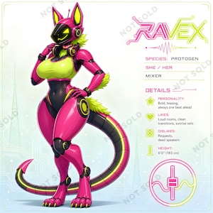 May include: A digital character reference sheet for a pink and black robotic Protogen creature named Ravex. The character features a black visor, neon yellow accents, headphones, and a long tail. Text includes species, personality, likes, dislikes, and height 6'0".