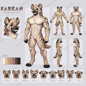 Op de afbeelding: Illustratie van een hyena-achtig personage genaamd Sabean, met verschillende poses en gezichtsuitdrukkingen. Het personage wordt afgebeeld in een gespierde, antropomorfe vorm met bruin haar en zwarte vlekken. De afbeelding bevat een kleurenpalet en tekst.