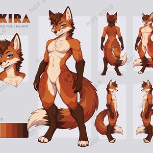 May include: Illustration of a fox character named Akira, with multiple views showcasing its design. The character has brown and tan fur, blue eyes, and a fluffy tail. The text "AKIRA SPECIES FOX | HE/HIM" is displayed at the top, with a color palette at the bottom.