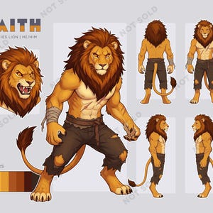 Puede incluir: Una hoja de referencia de personaje para un león antropomórfico llamado Laith, que incluye una pose de cuerpo completo, un retrato con la boca abierta y vistas trasera, frontal y lateral. El león tiene pelaje dorado, melena marrón y pantalones oscuros rotos.
