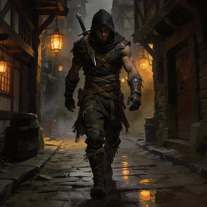 A full-body digital fantasy illustration of a muscular male assassin or rogue walking down a dark, rain-slicked medieval alleyway at night. He wears a black hooded cowl that shadows his face, a dark sleeveless tunic, and rugged leather armor with crisscrossing chest straps. A sword hilt is visible over his shoulder, and he wears heavy leather bracers and boots. The scene is atmospheric, lit by glowing orange lanterns hanging from timber-framed buildings.