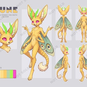 Pode incluir: Uma folha de referência de personagem para uma criatura Dune Fennec Fox Moth. O design apresenta uma raposa antropomórfica amarela com quatro braços, orelhas grandes, olhos rosa brilhante e asas de mariposa verdes. Inclui retrato e poses.