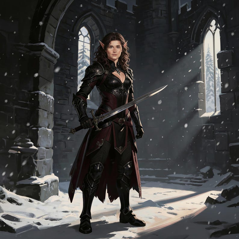 A digital fantasy illustration of a female elf warrior standing in the center of a ruined, snow-covered stone hall. She has long, curly dark hair, pointed ears, and a calm, resolute expression. She is wearing ornate black and deep red plate armor over dark leather, with a tattered crimson sash or loincloth. In her right hand, she holds a long, straight sword across her body.