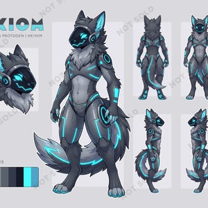 May include: Digital art of a Protogen character named Axiom. The character is a wolf-like creature with a robotic design, featuring a dark gray and teal color scheme. The image includes a color palette and multiple views of the character.