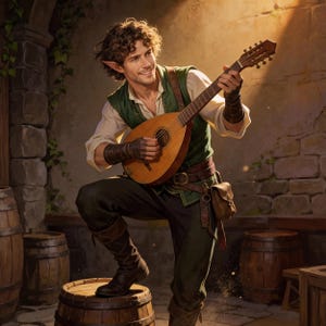 A digital fantasy portrait of a cheerful male Elf with curly brown hair and pointed ears, playing a wooden lute. He is dressed in a forest-green vest over a cream-colored shirt, paired with dark trousers, leather boots, and fingerless leather bracers. He stands in a rustic stone cellar or tavern, resting one foot on a wooden barrel while a warm beam of light illuminates him from above.