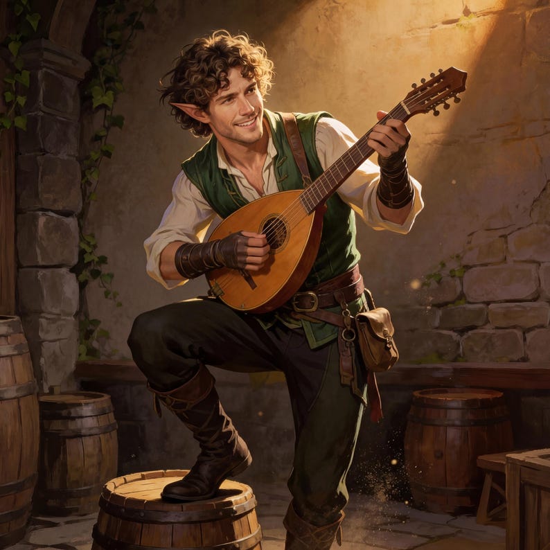 A digital fantasy portrait of a cheerful male Elf with curly brown hair and pointed ears, playing a wooden lute. He is dressed in a forest-green vest over a cream-colored shirt, paired with dark trousers, leather boots, and fingerless leather bracers. He stands in a rustic stone cellar or tavern, resting one foot on a wooden barrel while a warm beam of light illuminates him from above.