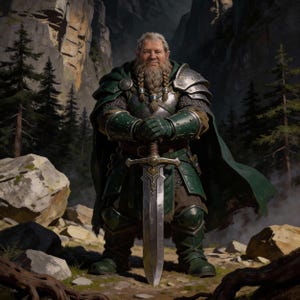 Character art of a Dwarf Warrior or Cleric with a braided grey beard and green-and-silver heavy plate armor. He stands in a rugged mountain pass holding a large claymore sword. High-detail fantasy art perfect for Dwarven fans, D&D campaign gifts, or mountain-themed fantasy wall art.