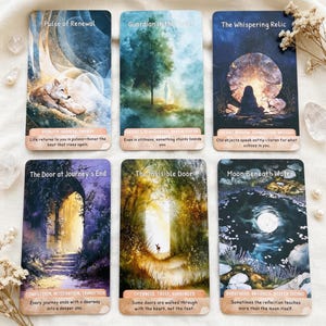May include: Six rectangular oracle cards featuring artistic illustrations. Titles include Pulse of Renewal, Guardian in the Quiet, The Whispering Relic, The Door at Journey's End, The Invisible Door, and Moon Beneath Water, each with descriptive text.