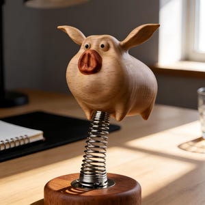 May include: A wooden pig figurine with a spring base. The pig has a light brown body, large ears, and a dark brown snout. It is mounted on a silver spring and a round, dark brown wooden base. The figurine is on a wooden desk.