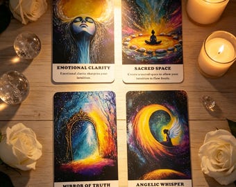 May include: Four rectangular oracle cards featuring vibrant cosmic illustrations and text. The cards are titled Emotional Clarity, Sacred Space, Mirror of Truth, and Angelic Whisper, each accompanied by a short descriptive sentence printed below the image.