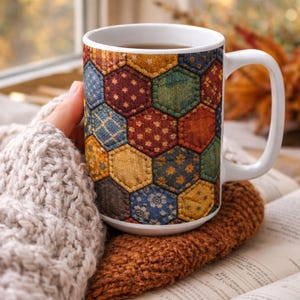 Faux Patchwork Hexagon Quilt Mug | Vintage Folk Pattern, Autumn Colors | 15oz Coffee/Tea Cup