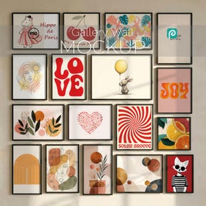 May include: A gallery wall mockup featuring framed art prints. The prints showcase various designs, including a hippo, cherries, tropical leaves, a sun and face illustration, the word "LOVE", a bunny with a balloon, a heart, and the word "JOY".
