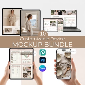 May include: A digital mockup bundle featuring various devices, including tablets, phones, and a laptop, displaying website and app designs. The image includes the text "10 Customizable Device Mockup Bundle" and logos for Photoshop and Canva.