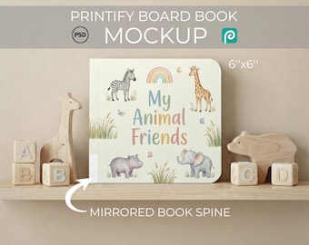 Printify Mockup di libro cartonato 6x6 / Espositore per copertine di libri per bambini / Scaffale neutro per cameretta / Dorso specchiato