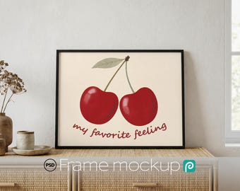 Maqueta de marco horizontal bohemio / Exhibición de arte de pared / Interior de ratán japonés / Marco de póster minimalista negro