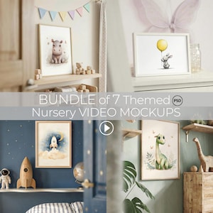 May include: A collection of nursery video mockups featuring framed watercolor art prints. The prints depict a hippo, a bunny with a balloon, a rocket ship, and a dinosaur. The text "BUNDLE of 7 Themed Nursery VIDEO MOCKUPS" is displayed.