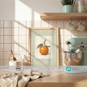 Kitchen Frame Mockup PSD | Wood Frame on Counter | Baking Scene Display | Retro Poster Mockups