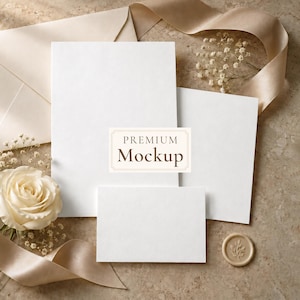 May include: A set of three blank white rectangular stationery cards arranged with a cream-colored envelope, a beige silk ribbon, a single cream rose, sprigs of baby's breath, and a round wax seal featuring a leaf design. Text reads PREMIUM Mockup.