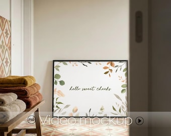 Bathroom Frame Video Mockup | Horizontal Wall Art Display | Animated Black Poster PSD | Leaning print