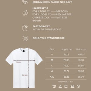 Puede incluir: Camiseta unisex blanca con detalles de tallas y medidas. La camiseta est&aacute; hecha de 100% algod&oacute;n, tejido medio pesado. Las medidas se proporcionan en cent&iacute;metros: S (71,12 cm de largo, 45,72 cm de ancho), M (73,66 cm de largo, 50,80 cm de ancho), L (76,20 cm de largo, 55,88 cm de ancho), XL (78,74 cm de largo, 60,96 cm de ancho), XXL (81,28 cm de largo, 66,04 cm de ancho).