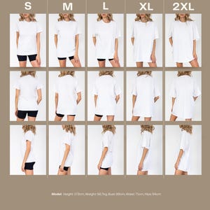 Puede incluir: Presentaci&oacute;n de camisetas blancas en tallas S a 2XL. Cada talla se muestra de frente, de espalda y de perfil. La modelo mide 173cm, pesa 56,7kg, su contorno de pecho es de 89cm, su cintura de 71cm y sus caderas de 94cm. La marca "nonana" est&aacute; en la parte inferior.