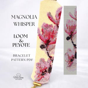 Patrón de pulsera de cuentas de magnolia (PDF) / Diseño de brazalete floral Peyote and Loom / Cuentas de semilla Miyuki Delica 11/0 – Susurro de magnolia