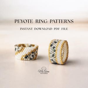 May include: Two beaded rings with the text "PEYOTE RING PATTERNS" and "INSTANT DOWNLOAD PDF FILE". One ring features a white, gold, and black pattern, while the other has a white, gold, and green design. The rings are handmade.