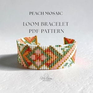 May include: A loom bracelet PDF pattern with a peach mosaic design. The bracelet features a geometric pattern in peach, pink, green, and white beads, with gold-colored metal accents. The text "PEACH MOSAIC LOOM BRACELET PDF PATTERN" is displayed.