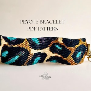 May include: A beaded bracelet featuring a dark navy, gold, and turquoise leopard print pattern. The text PEYOTE BRACELET PDF PATTERN is displayed above the bracelet, and the Mi Aura PATTERNS logo is visible at the bottom of the image.