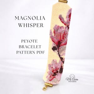 Magnoliapeyote-armbandpatroon pdf | Odd Count manchet met bloemenkralen | Miyuki Delica 11/0 Rocaillesontwerp - Magnolia Whisper