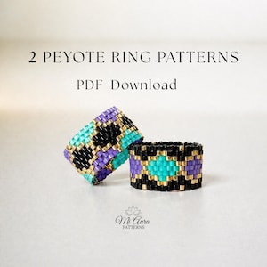 Two Peyote Bead Ring Patterns PDF, Odd Count Miyuki Delica Ring, Wide Black Purple Teal Gold Ring, DIY Jewelry Design