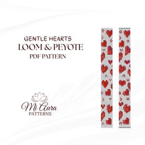 Puede incluir: Un patrón PDF para tejido de cuentas en telar y peyote, con un diseño de corazones rojos. El texto "Gentle Hearts Loom & Peyote PDF Pattern" se muestra encima del diseño. El logotipo de Mi Aura Patterns está en la parte inferior.