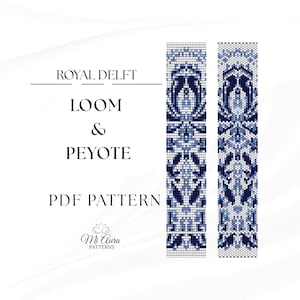Op de afbeelding: Een PDF-patroon voor weef- en peyote-kralenwerk, met een Royal Delft-ontwerp in blauw- en wittinten. Het patroon bevat twee verticale ontwerpen met ingewikkelde geometrische en bloemmotieven. De tekst "Royal Delft Loom & Peyote PDF Pattern" wordt weergegeven.