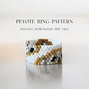 May include: A handmade beaded ring featuring a geometric design in white, gold, black, and grey. The ring is the central element, with text above stating "Peyote Ring Pattern" and "Instant Download PDF File". The ring is set against a light backdrop.