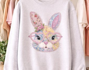 Floral Patchwork Bunny Heart Glasses Sweatshirt, Easter Spring Holiday Apparel