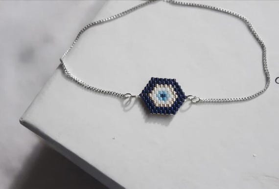 Evil Eye Miyuki Bead Bracelet, Adjustable Silver-Tone Slider Chain, Navy Blue Seed Bead Jewelry