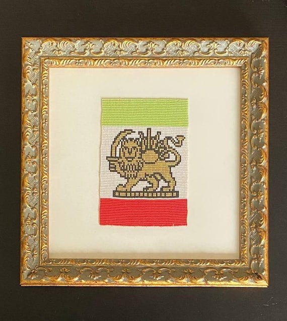 Lion and Sun Persian Flag Beaded Artwork, Handmade Miyuki Bead Wall Decor