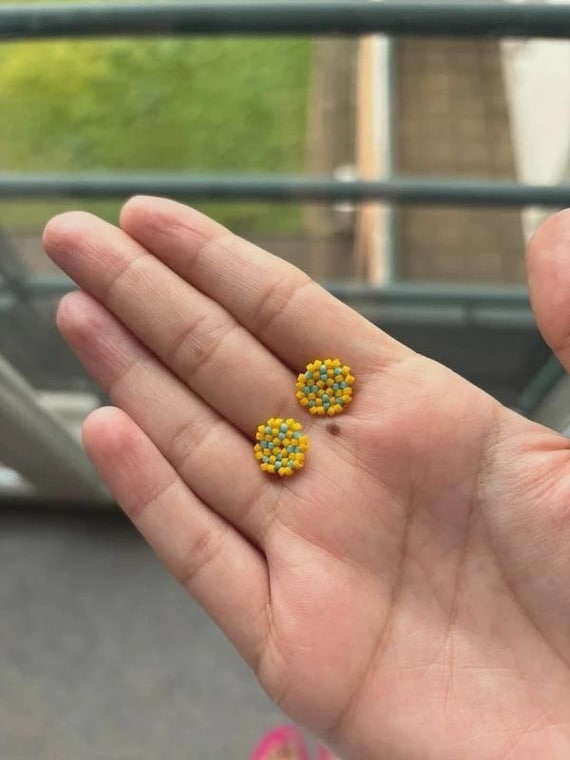 Yellow Blue Miyuki Seed Bead Stud Earrings, Round Matte Beaded Jewelry