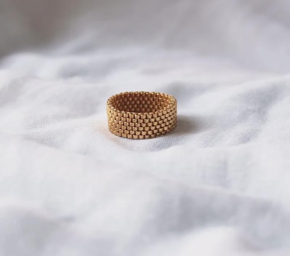 Gold Miyuki Seed Bead Ring, Minimalist Dainty Band