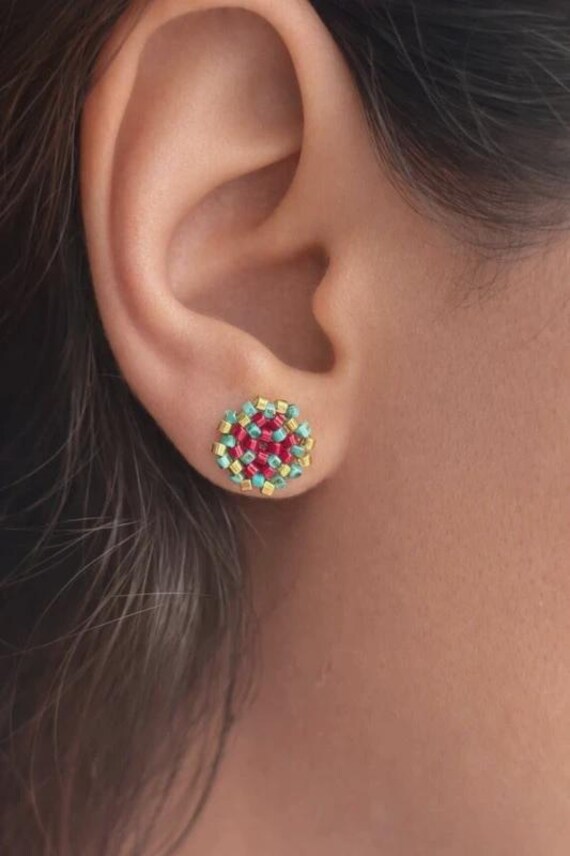 Miyuki Seed Bead Stud Earrings, Round Colorful Lightweight Jewelry