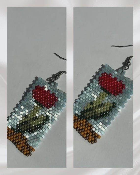 Red Tulip Miyuki Bead Drop Earrings, Light Blue Floral Jewelry