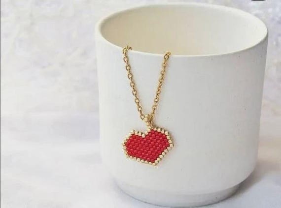 Red Seed Bead Heart Pendant Necklace, Dainty Gold-Tone Jewelry