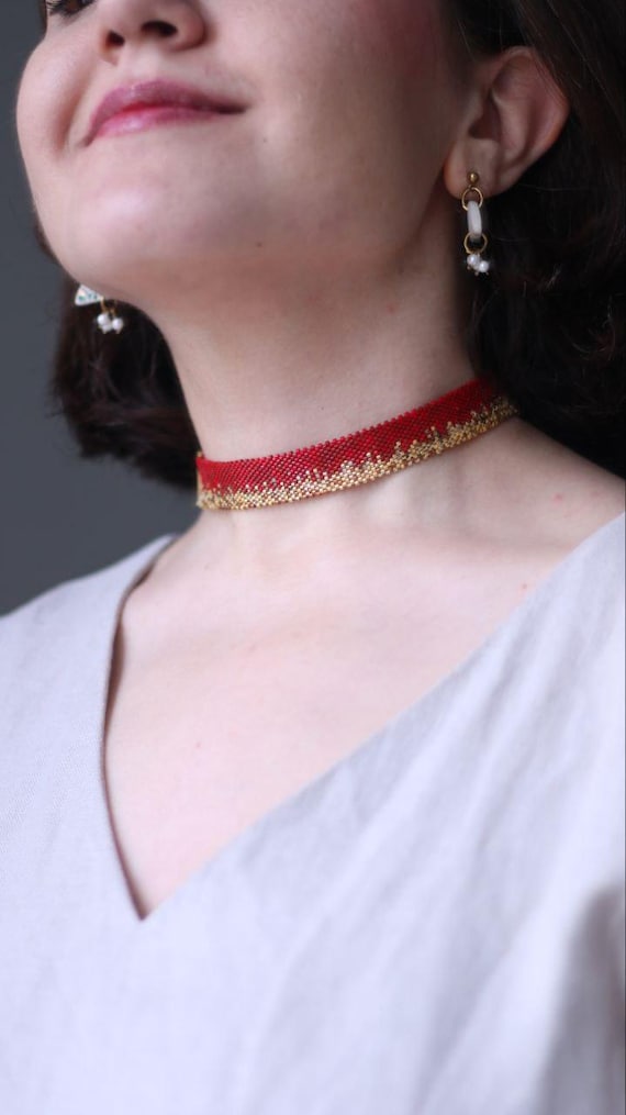 Red Gold Beaded Choker Necklace, Handmade Miyuki Bead Necklace