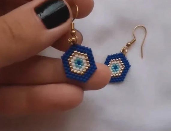 Miyuki Seed Bead Evil Eye Earrings, Blue Gold-Tone Dangle Jewelry