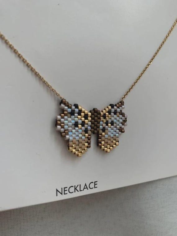 Butterfly Miyuki Seed Bead Necklace, Double Pendant, Gold-Tone Chain