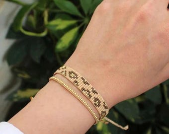 Bransoletka Miyuki w Panterkę – Ręcznie Robiona z Koralików – Beż Brąz Złoto – Animal Print